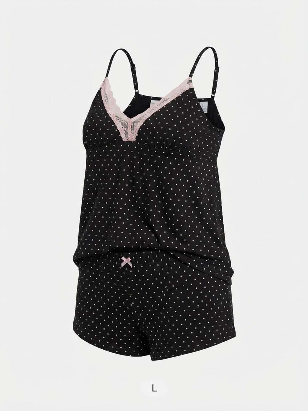 Black and White Polka Dot Pajama Set with Pink Lace Trim and Shorts large
